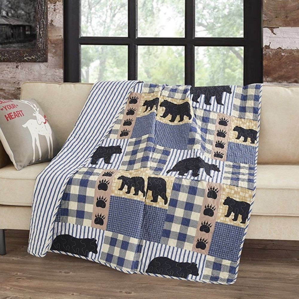 Blue Buffalo Plaid Bear Quilted Throw Farmhouse Cabin Lodge Country Rustic